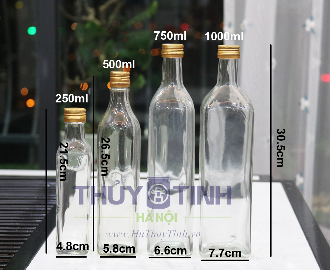 Kích thước các loại chai vuông thủy tinh 250ml 500ml 750ml 1 lít